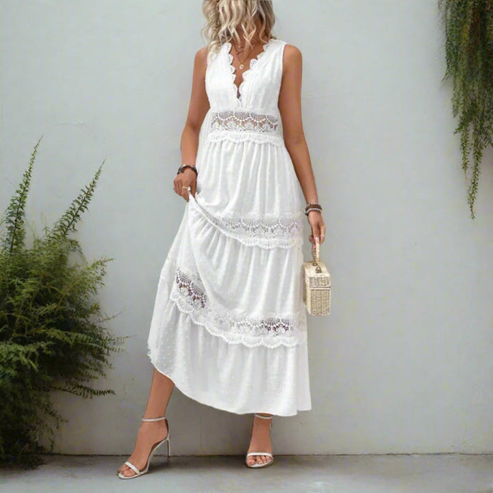 Colette | Boho Lace Maxi Dress with V Neck and Tiered Skirt
