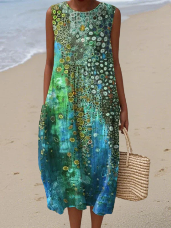 Corinna | Abstract Print Maxi Sundress with Round Neck and Gathered Hem