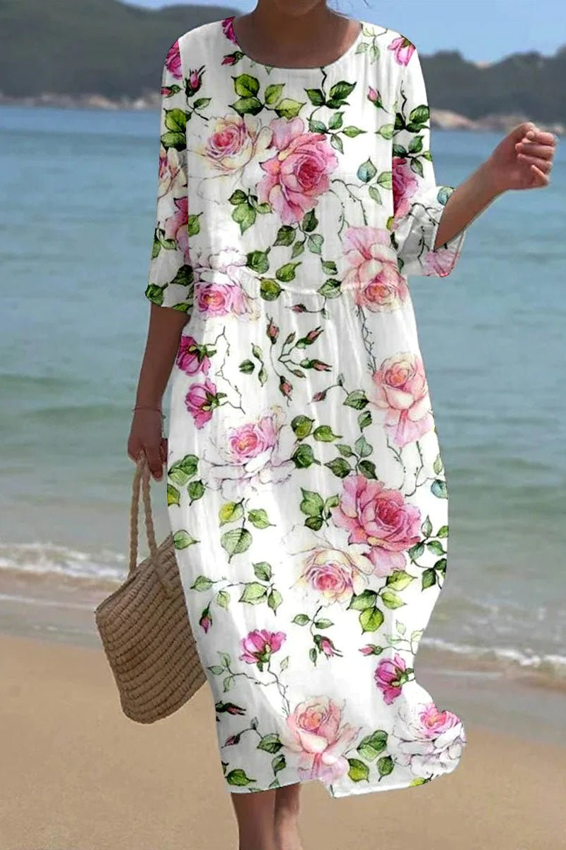 Cynthia | Floral Midi Dress with Round Neck and Half Sleeves Amelia Claire Boutique Cynthia | Floral Midi Dress with Round Neck and Half Sleeves Amelia Claire Boutique