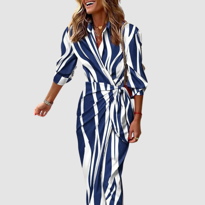 Cynthia | Striped Wrap Shirt Maxi Dress with Long Sleeves and Collar