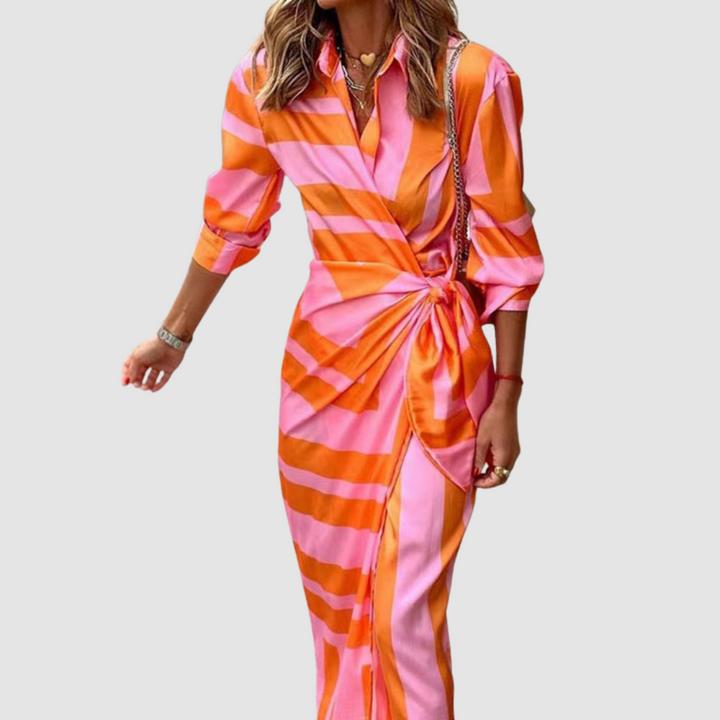 Cynthia | Striped Wrap Shirt Maxi Dress with Long Sleeves and Collar