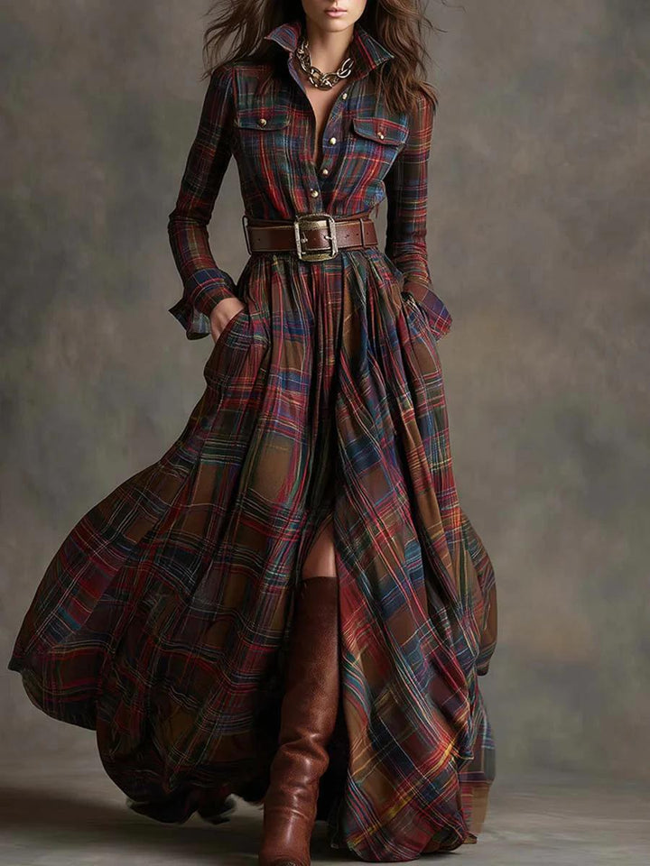 Darlene | Plaid Shirt Maxi Dress with Belt and Long Sleeves