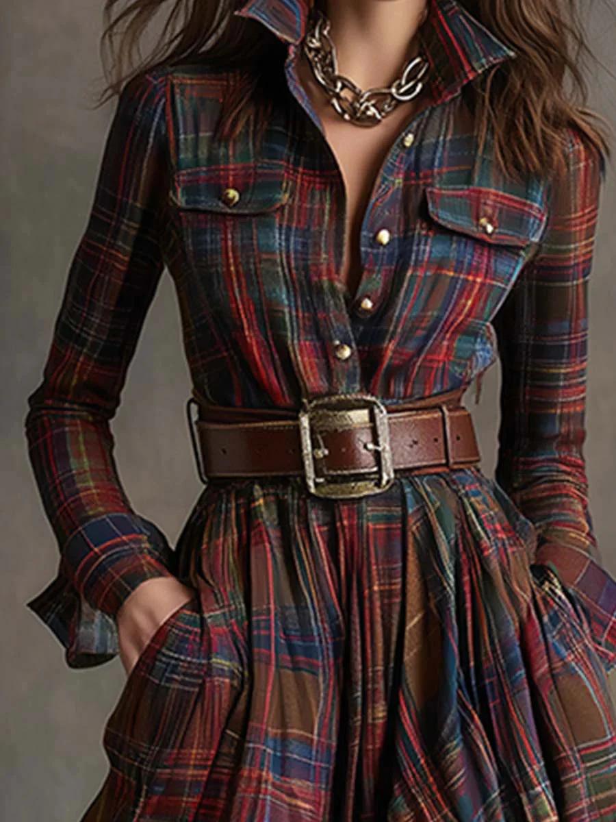 Darlene | Plaid Shirt Maxi Dress with Belt and Long Sleeves
