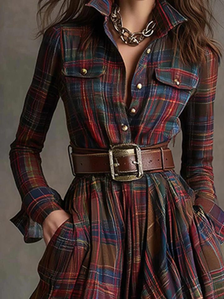 Darlene | Plaid Shirt Maxi Dress with Belt and Long Sleeves
