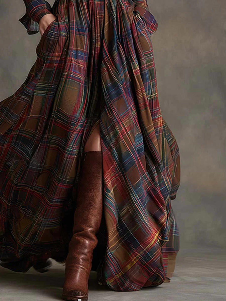 Darlene | Plaid Shirt Maxi Dress with Belt and Long Sleeves
