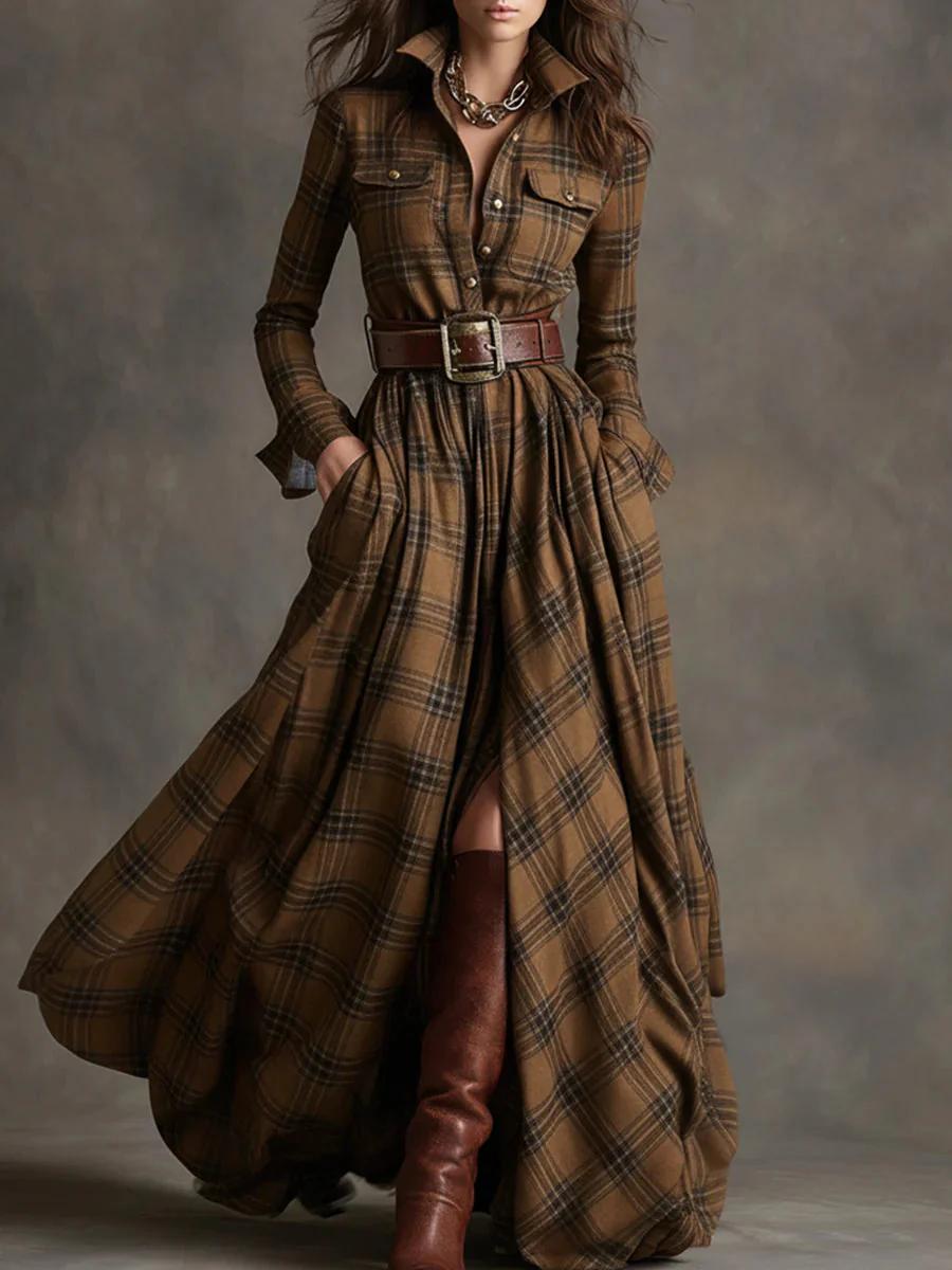 Darlene | Plaid Shirt Maxi Dress with Belt and Long Sleeves