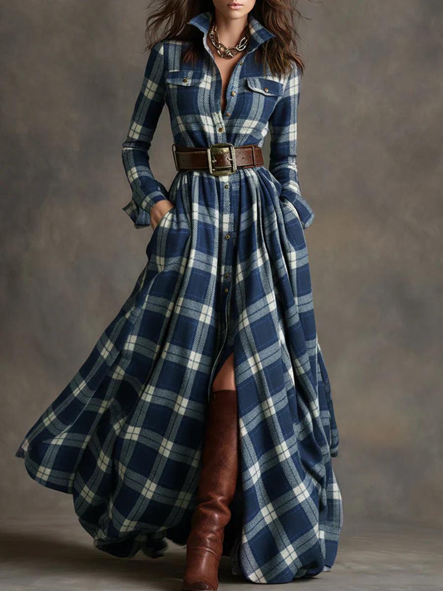 Darlene | Plaid Shirt Maxi Dress with Belt and Long Sleeves