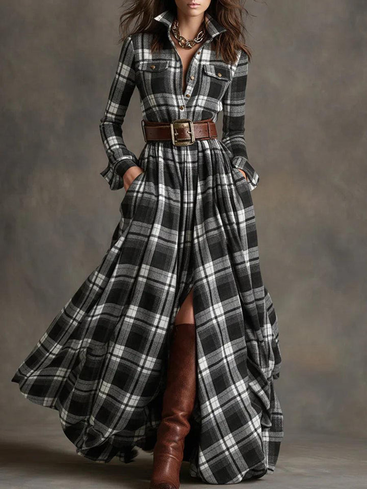 Darlene | Plaid Shirt Maxi Dress with Belt and Long Sleeves