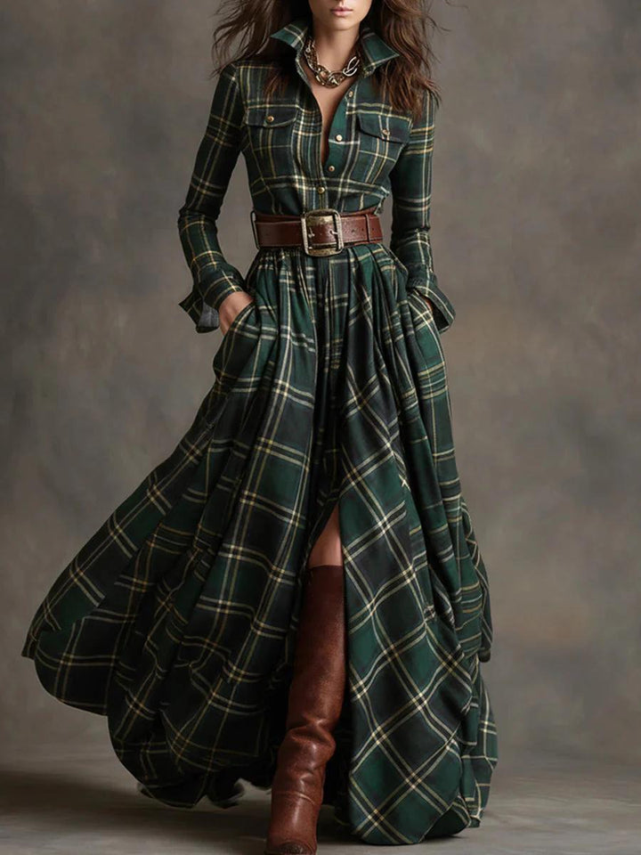 Darlene | Plaid Shirt Maxi Dress with Belt and Long Sleeves