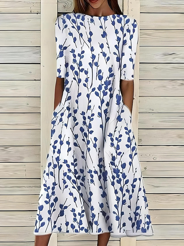 Diane | Floral Midi Dress with Round Neck and Short Sleeves
