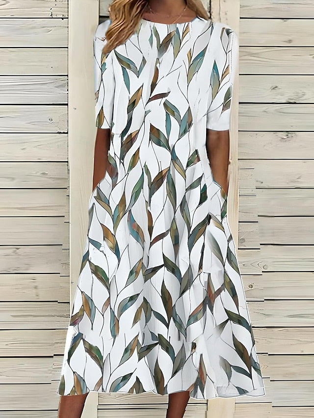 Diane | Floral Midi Dress with Round Neck and Short Sleeves