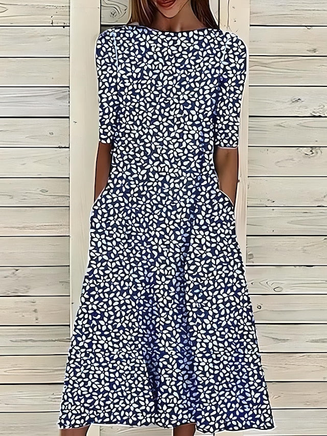 Diane | Floral Midi Dress with Round Neck and Short Sleeves