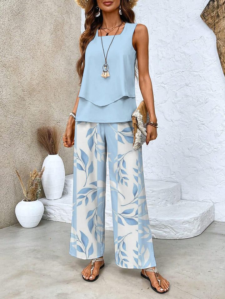 Diane | Leaf Print Two Piece Set with Sleeveless Top and Wide Leg Pants