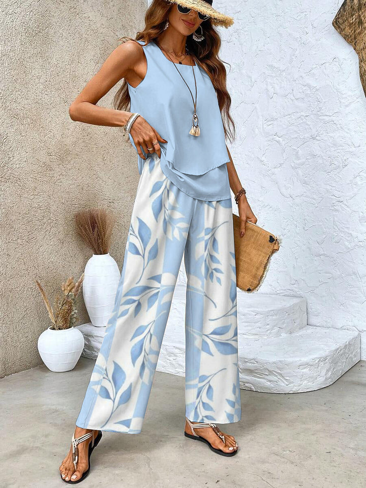 Diane | Leaf Print Two Piece Set with Sleeveless Top and Wide Leg Pants