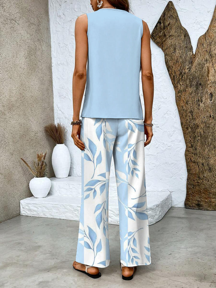 Diane | Leaf Print Two Piece Set with Sleeveless Top and Wide Leg Pants