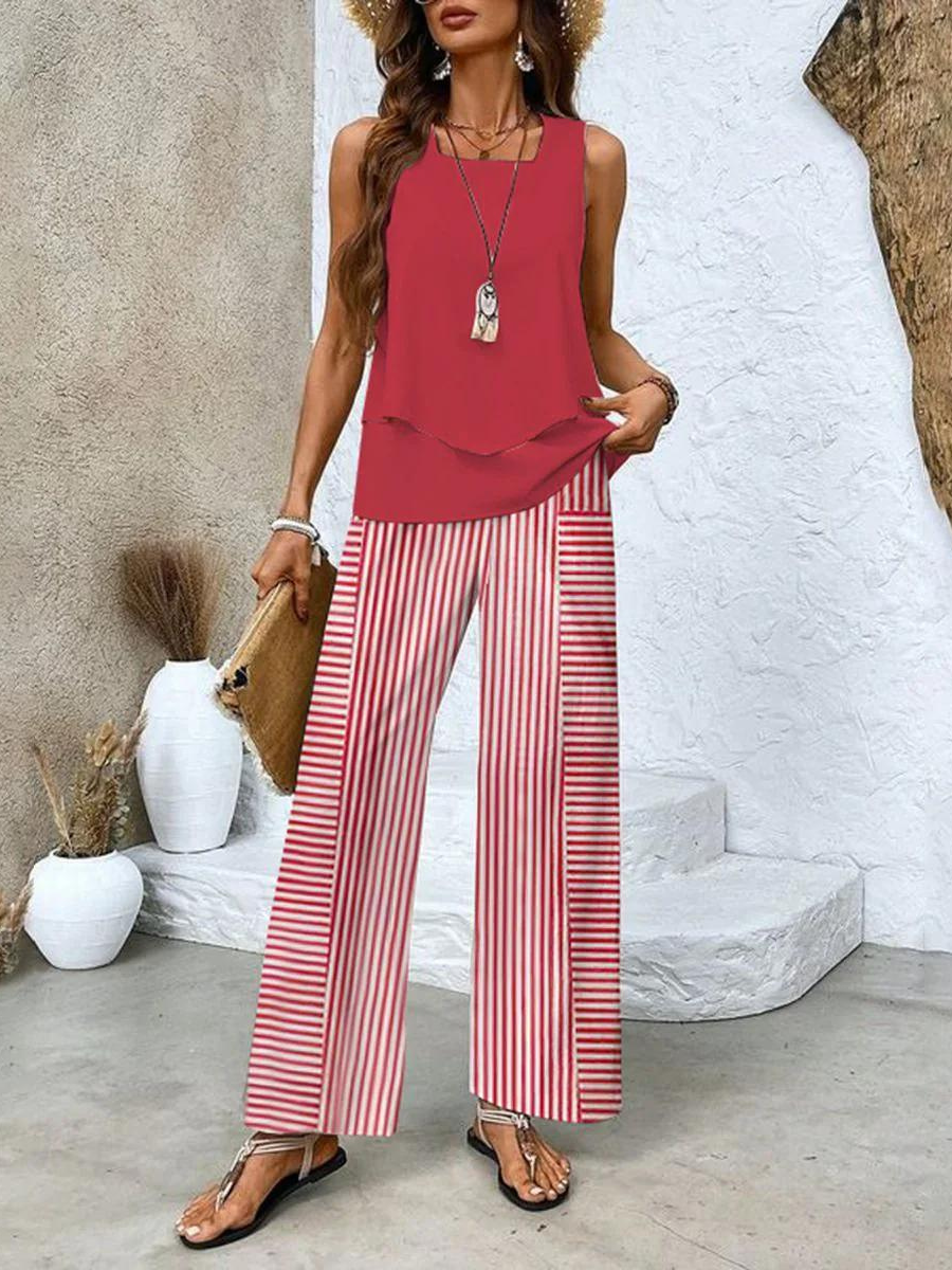 Diane | Leaf Print Two Piece Set with Sleeveless Top and Wide Leg Pants