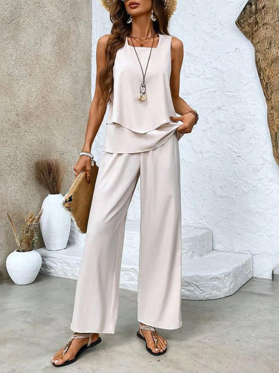 Diane | Leaf Print Two Piece Set with Sleeveless Top and Wide Leg Pants