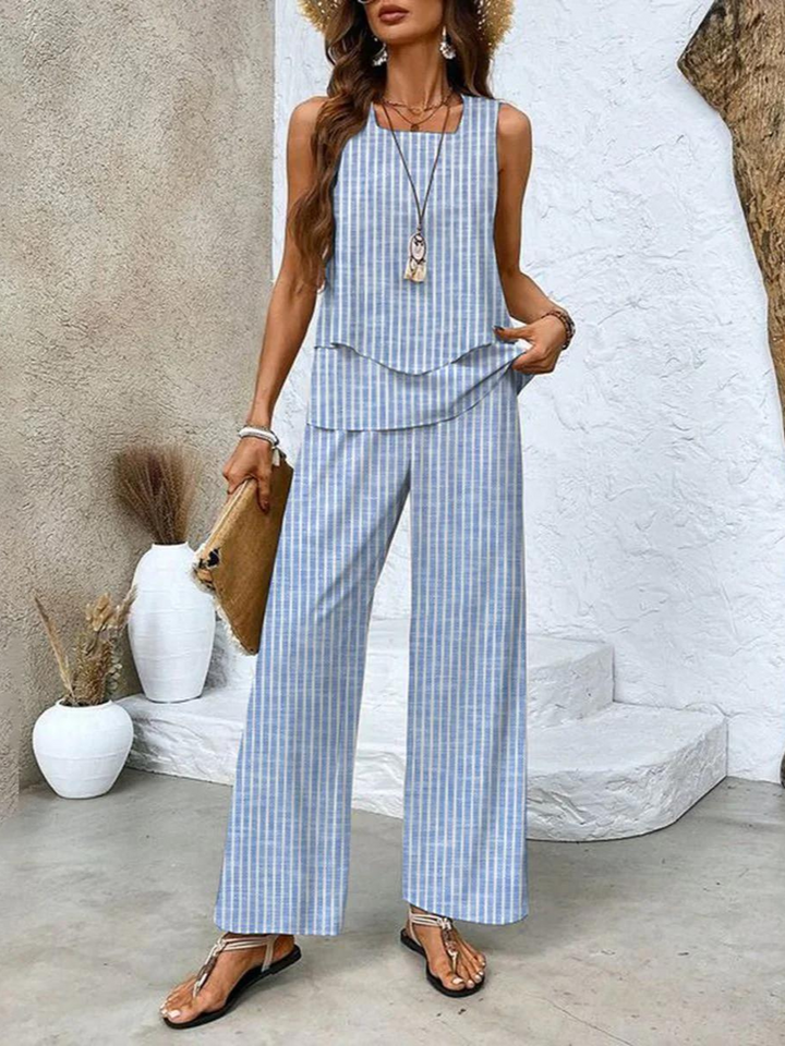 Diane | Leaf Print Two Piece Set with Sleeveless Top and Wide Leg Pants