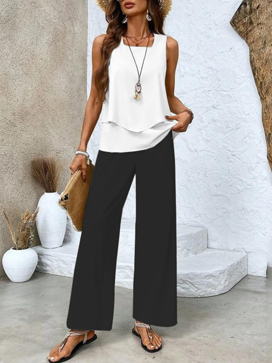 Diane | Leaf Print Two Piece Set with Sleeveless Top and Wide Leg Pants