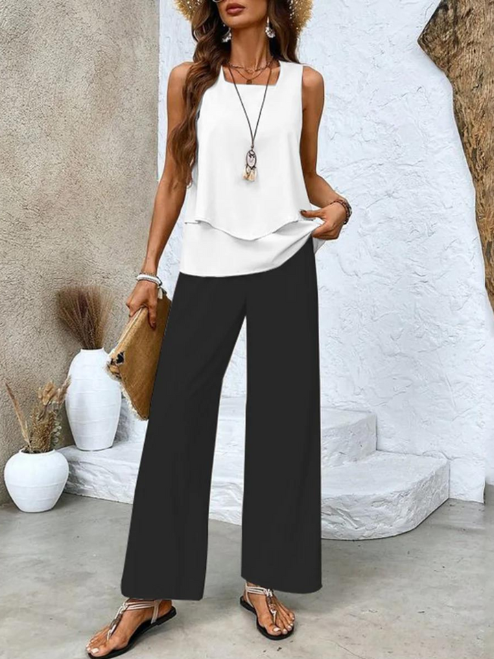 Diane | Leaf Print Two Piece Set with Sleeveless Top and Wide Leg Pants
