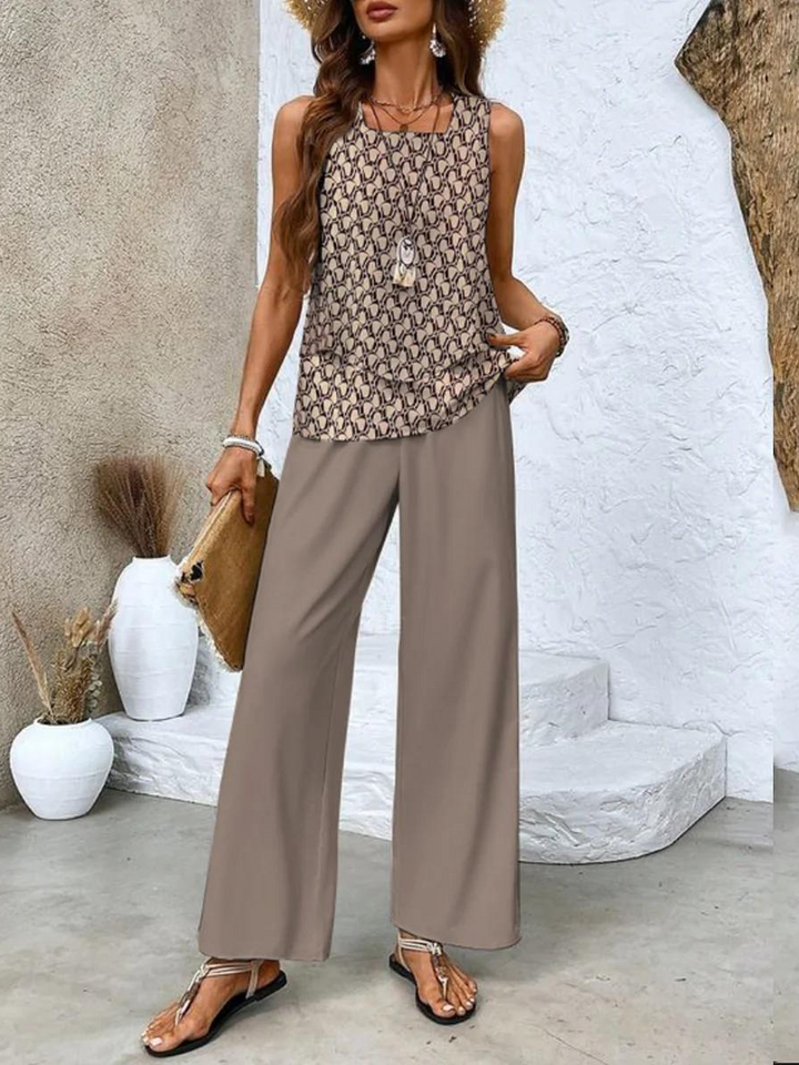 Diane | Leaf Print Two Piece Set with Sleeveless Top and Wide Leg Pants