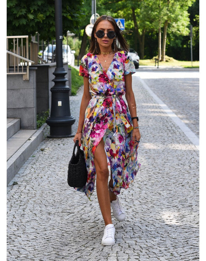 Dolores | Floral Midi Wrap Dress with V Neck and Flutter Sleeves