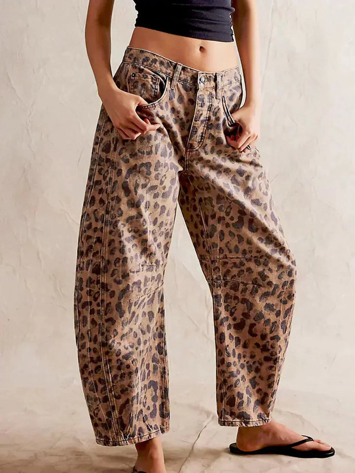 Donna | Leopard Print Wide Leg Baggy Jeans with Mid Rise Waist