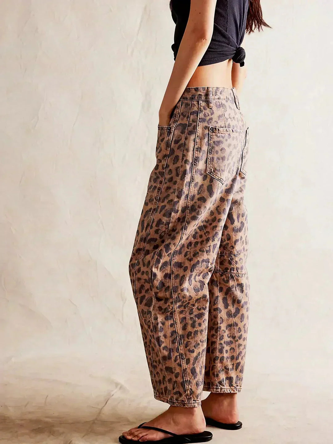 Donna | Leopard Print Wide Leg Baggy Jeans with Mid Rise Waist