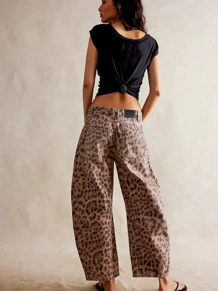 Donna | Leopard Print Wide Leg Baggy Jeans with Mid Rise Waist