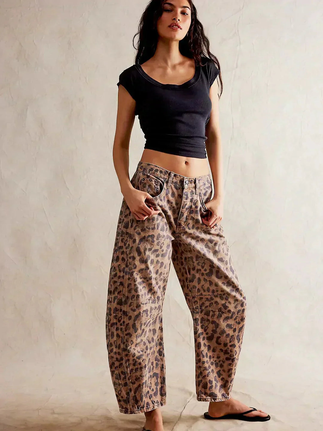 Donna | Leopard Print Wide Leg Baggy Jeans with Mid Rise Waist