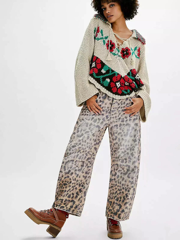 Donna | Leopard Print Wide Leg Baggy Jeans with Mid Rise Waist