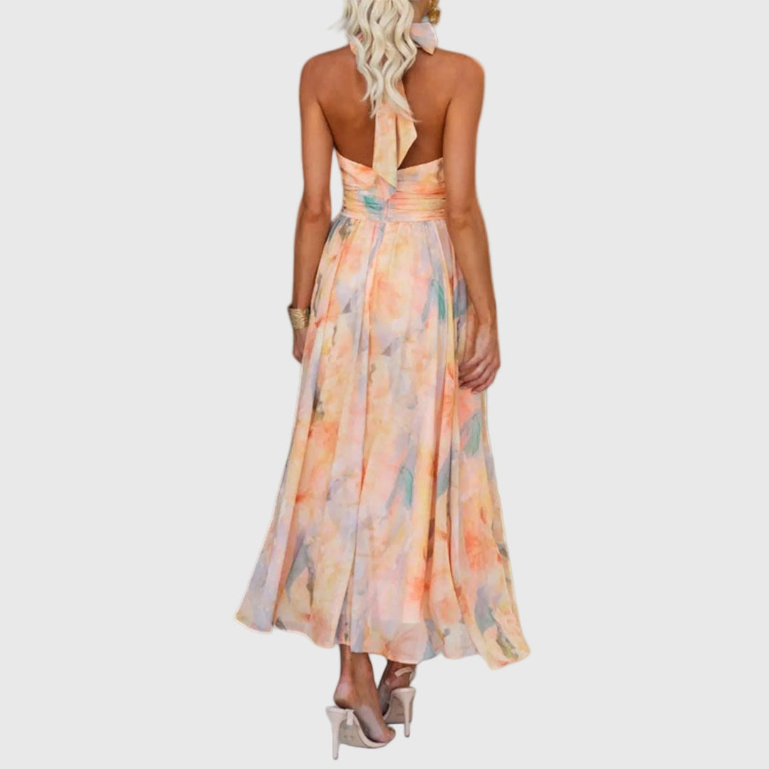 Donna | Watercolor Halter Maxi Dress with Defined Waist and Back Cut Out