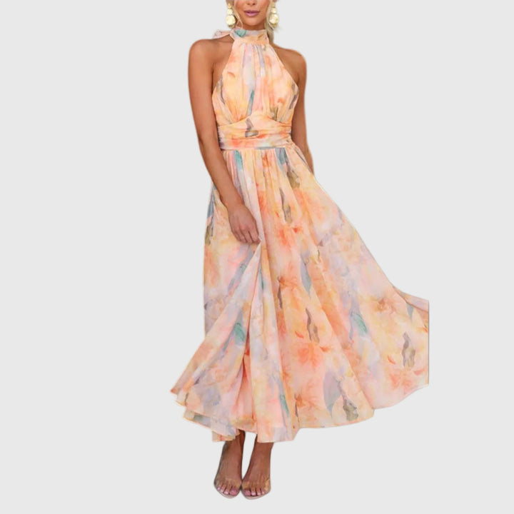 Donna | Watercolor Halter Maxi Dress with Defined Waist and Back Cut Out