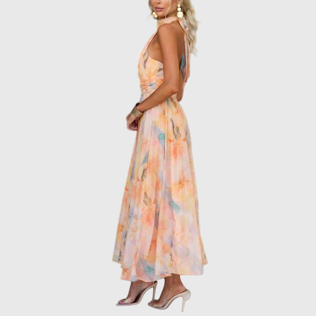 Donna | Watercolor Halter Maxi Dress with Defined Waist and Back Cut Out