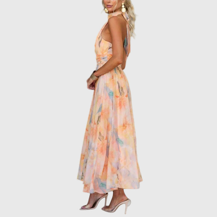 Donna | Watercolor Halter Maxi Dress with Defined Waist and Back Cut Out