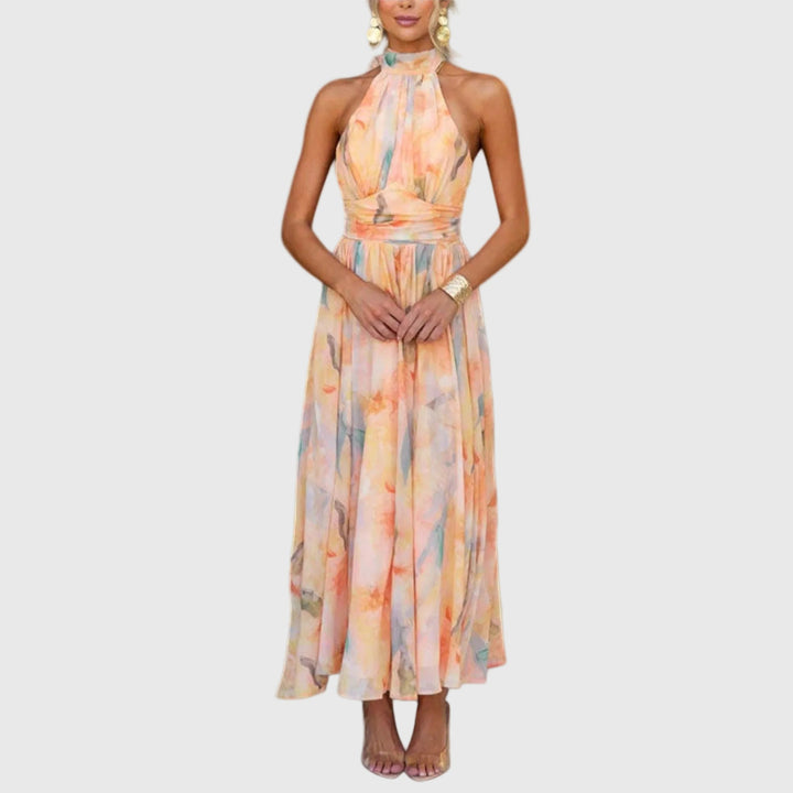 Donna | Watercolor Halter Maxi Dress with Defined Waist and Back Cut Out