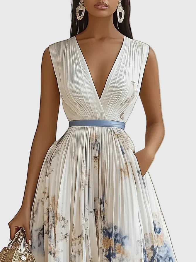 Dorothy | Floral Pleated Maxi Dress with Deep V Neck and Belted Waist