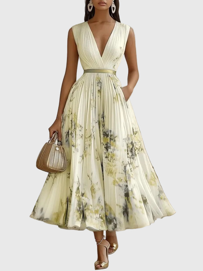 Dorothy | Floral Pleated Maxi Dress with Deep V Neck and Belted Waist