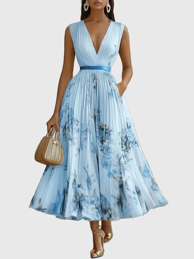 Dorothy | Floral Pleated Maxi Dress with Deep V Neck and Belted Waist