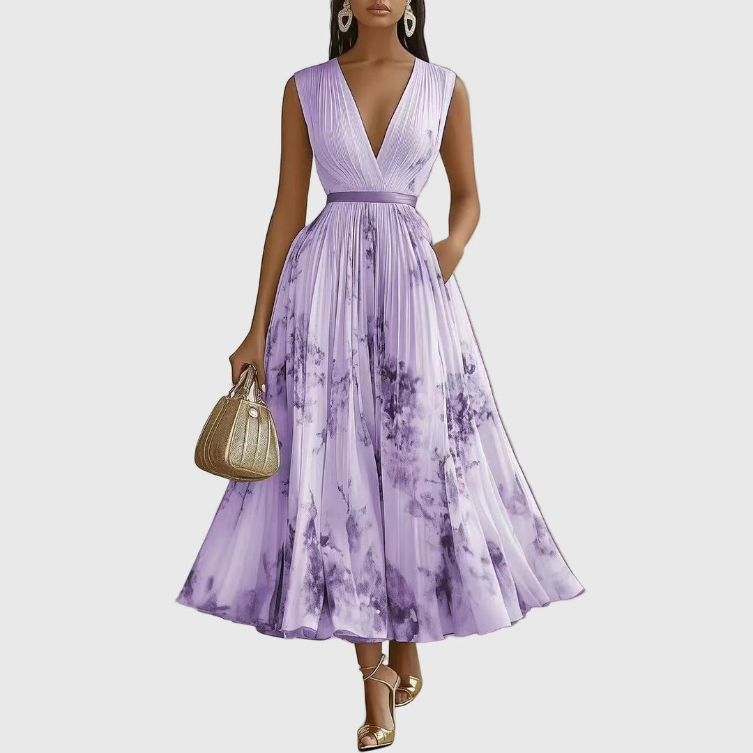 Dorothy | Floral Pleated Maxi Dress with Deep V Neck and Belted Waist
