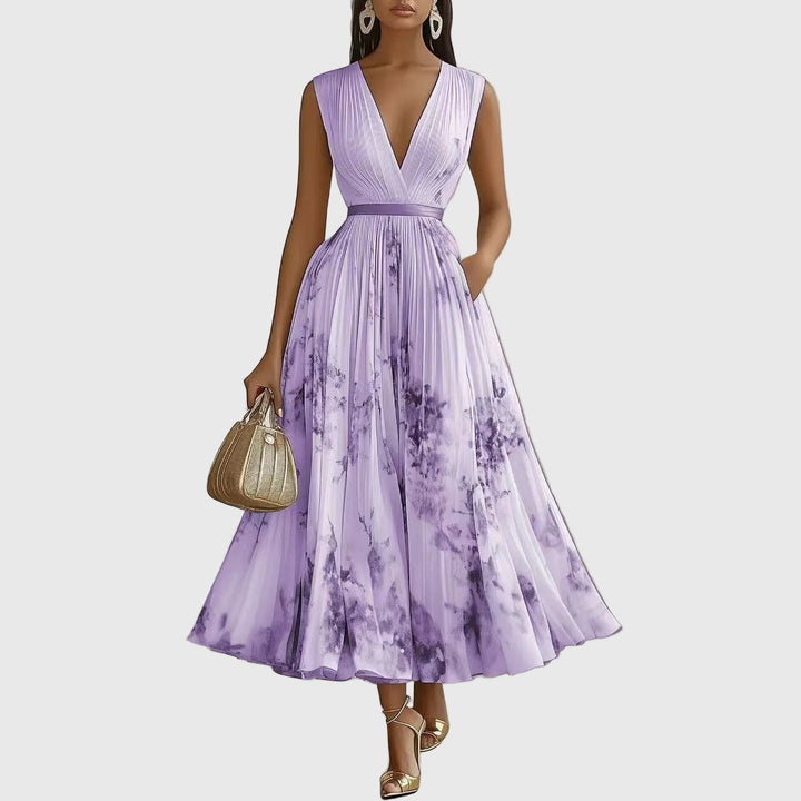 Dorothy | Floral Pleated Maxi Dress with Deep V Neck and Belted Waist