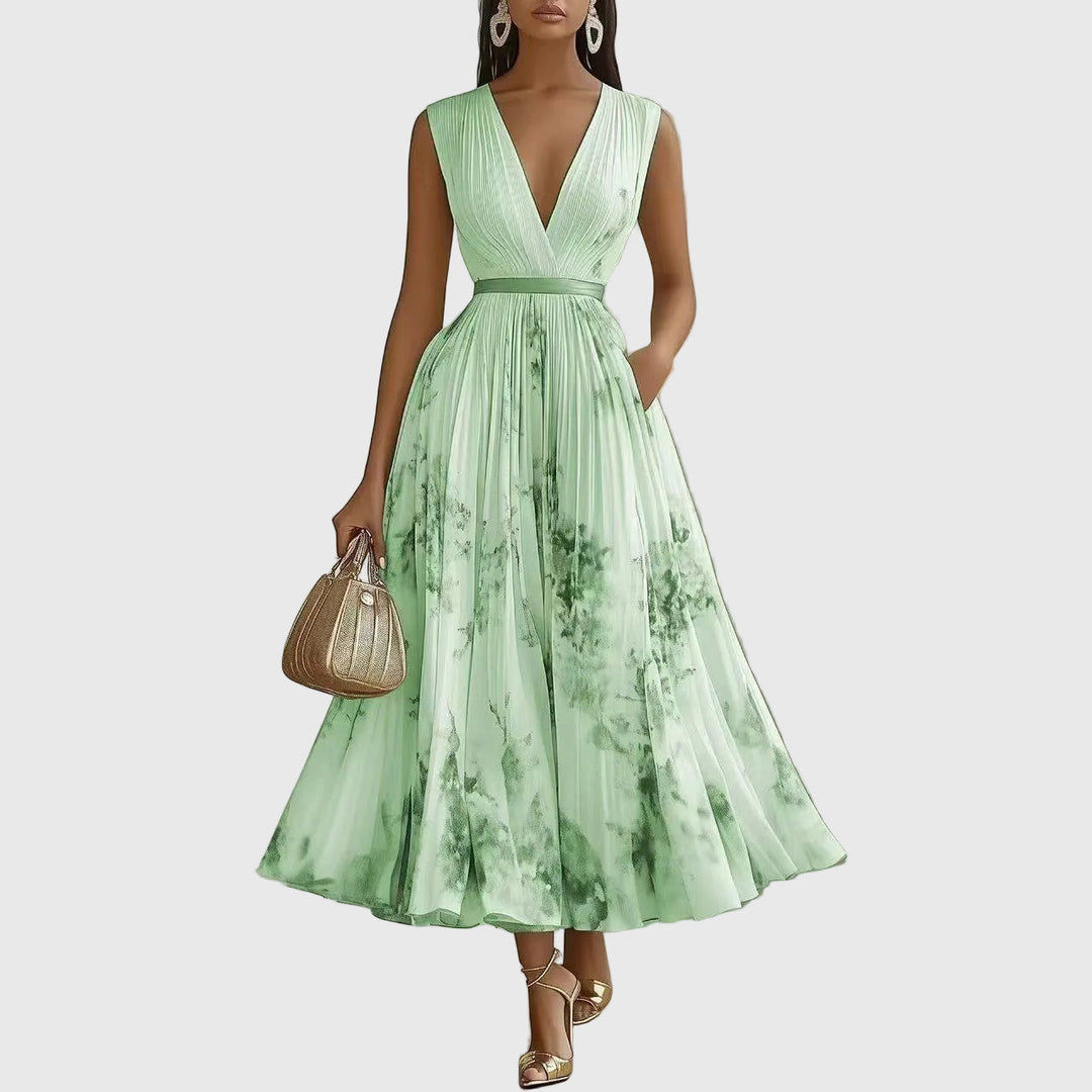 Dorothy | Floral Pleated Maxi Dress with Deep V Neck and Belted Waist