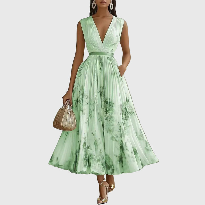 Dorothy | Floral Pleated Maxi Dress with Deep V Neck and Belted Waist
