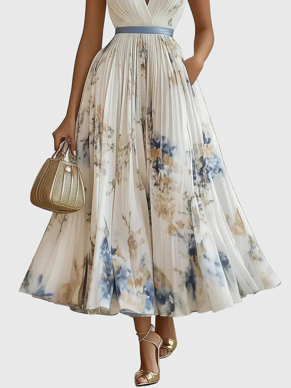 Dorothy | Floral Pleated Maxi Dress with Deep V Neck and Belted Waist