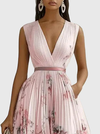 Dorothy | Floral Pleated Maxi Dress with Deep V Neck and Belted Waist