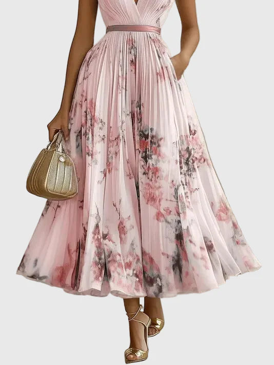 Dorothy | Floral Pleated Maxi Dress with Deep V Neck and Belted Waist