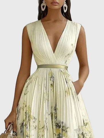 Dorothy | Floral Pleated Maxi Dress with Deep V Neck and Belted Waist