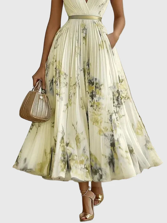 Dorothy | Floral Pleated Maxi Dress with Deep V Neck and Belted Waist