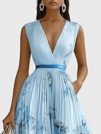 Dorothy | Floral Pleated Maxi Dress with Deep V Neck and Belted Waist