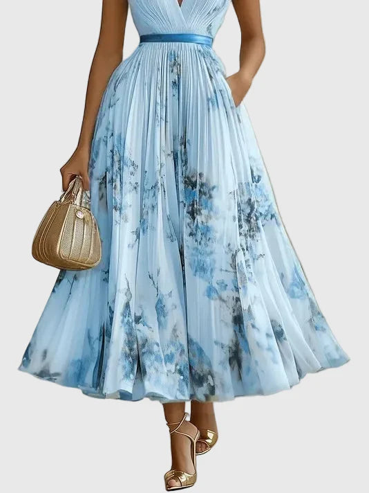 Dorothy | Floral Pleated Maxi Dress with Deep V Neck and Belted Waist
